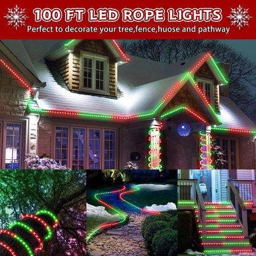 Kenburg Christmas Rope Lights Outdoor, 100Ft 1200 LED Red and Green String Lights, Waterproof Tube Light Plug in 8 Modes Timer Memory, Permanent Christmas Lights for Tree Fence Yard House Decorations