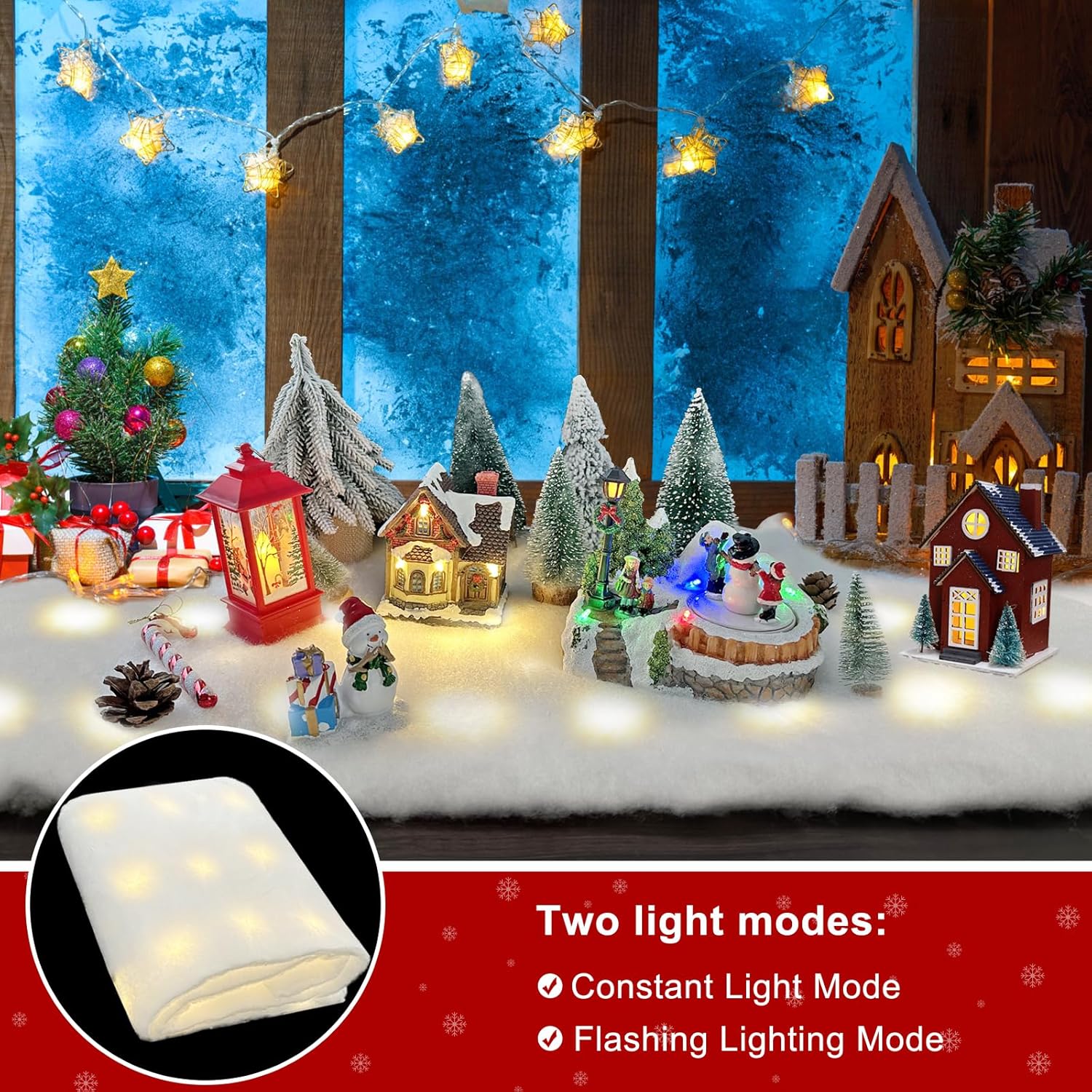 Skiennix Christmas Snow Blanket - 1.3x5.25 Ft Faux Snow Roll with 50 LED Lights | Winter Village Decor