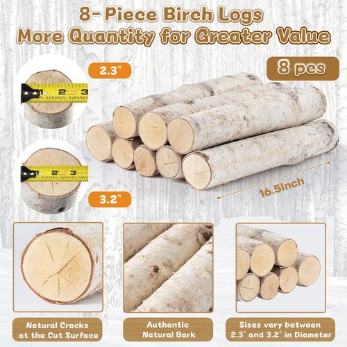 8 Pack Birch Logs (2.3"-3.2" Dia) Birch Wood for Halloween Fireplace Decor Christmas Fireplace Logs Birch Wood Branches for Crafts,Home Décor