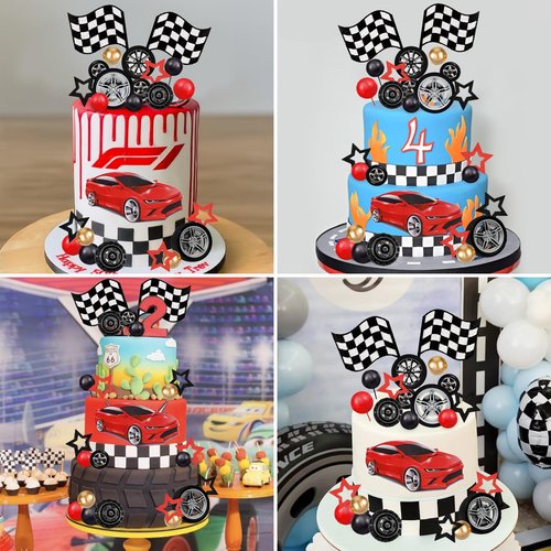MEMOVAN Racing Wheel Cake Topper 27PCS Race Car Cake Toppers Tyre Cake Decorations Checkered Flag Car Cake Cupcake Decoration for Man Boy Kid Racing Car Theme Birthday Supplies