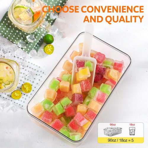 Longzon Ice Cube Tray with Lid and Bin, 56 Pcs Ice Cube Trays for Freezer, Ice Cube Mold, Ice Molds Spill-Resistant Removable Lid & Ice Scoop, Ice Mold for Whiskey Cocktail, Tea, Coffee -Blue
