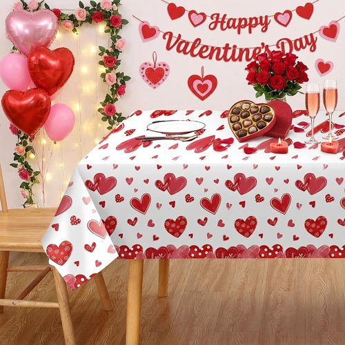 Ohkishly 3Pcs Valentines Tablecloth 54x108 Inch，Plastic Red Love Heart Table Cloth Valentines Tables Cloth,Disposable Plastic Tablecloth for Valentine Decorations,Table Cover for Party Decor