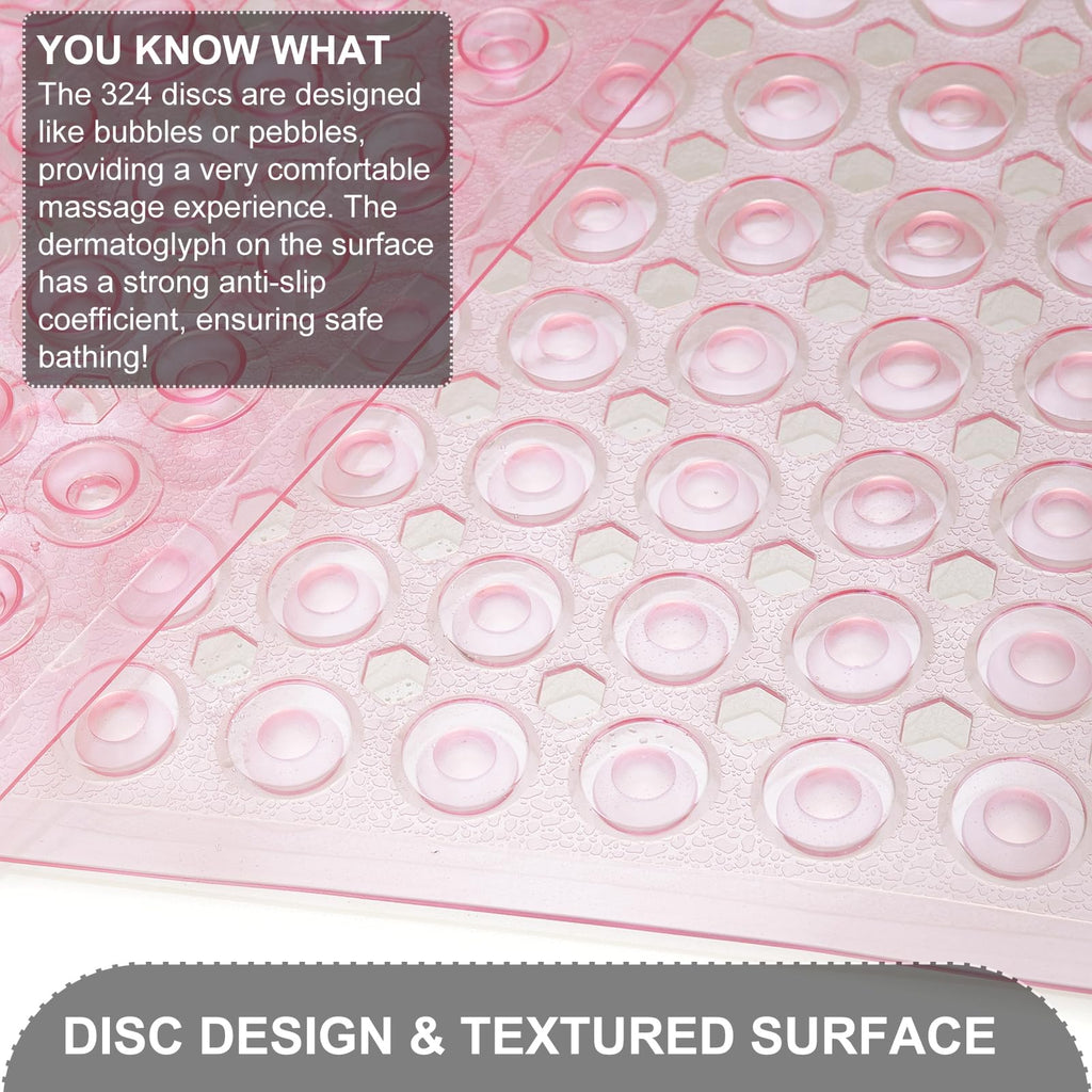 TEESHLY Bath Mat for Tub & Shower, Non Slip Soft Bathmat with Suction Cups & Drain Holes, Machine Washable Bathtub Floor Liner Mats for Bathroom, 35x16 Inch, Clear Pink
