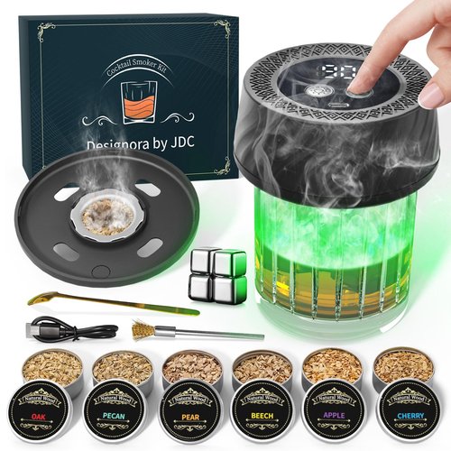 Whiskey Smoker Kit with Built-in Lighter, Electric Cocktail Smoker Kits with 6 Wood Chips Old Fashioned Bourbon Drinking Smoking Kit Gifts for Dad Husband Men Father, No Butane Needed, Black