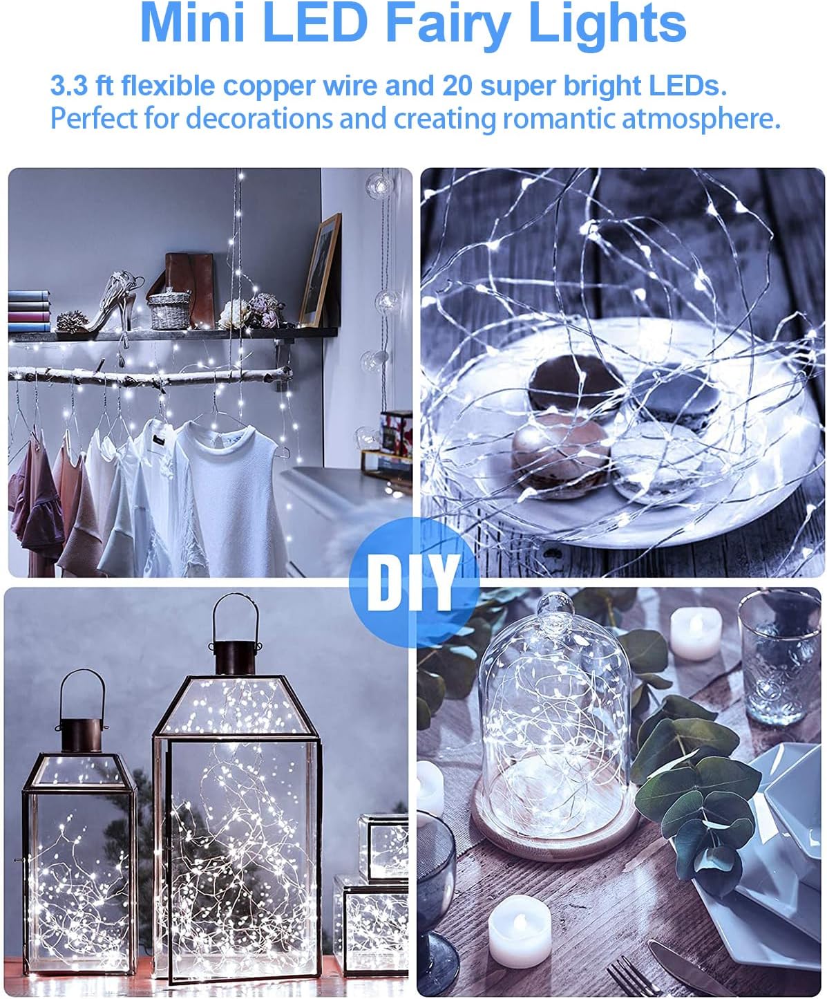 Skiennix 20 Pack Fairy Lights - Battery Operated 3.3ft Mini String Twinkle Copper Wire | Cool White for Weddings & Parties