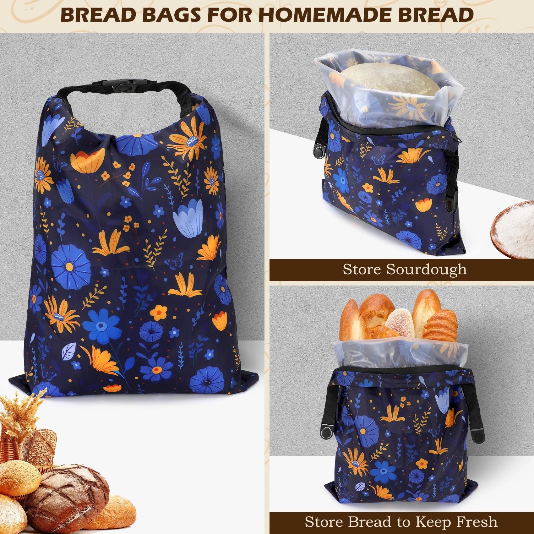 Revahope 2 Pack Reusable Bread Bags for Homemade Bread, 17"×13" Sourdough Bread Storage Bags with Bowl Cover - Keep Loaf Fresh and Easy to Wash(Blue-Yellow Floral)