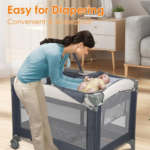 Cradlecare 3-in-1 Pack and Play Playard with Bassinet and Changing Station | Portable Baby Playard for Travel, Foldable Play Pen for Newborns and Toddlers, 2 Locking Wheels, Breathable Mesh (Creamy)