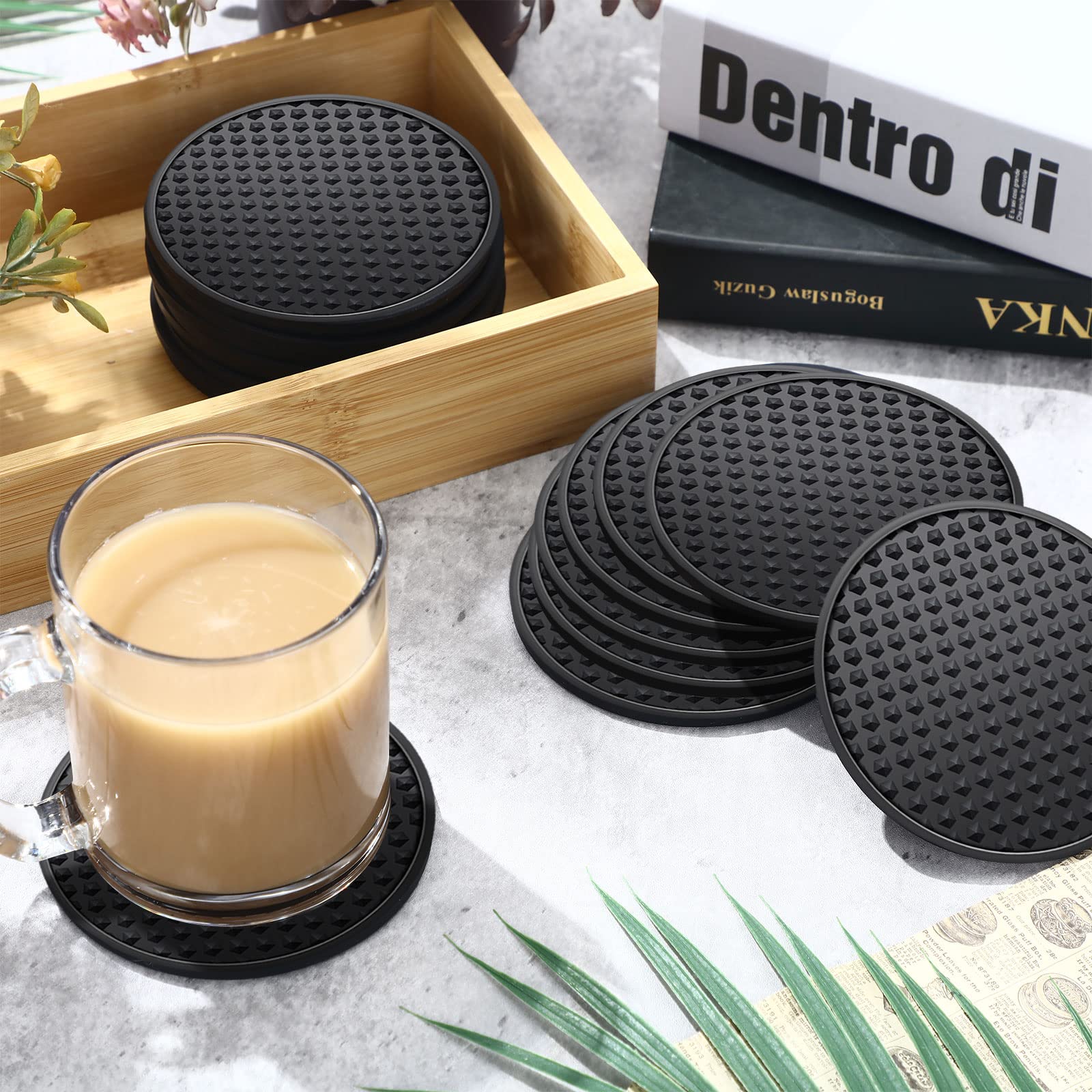 Eccliy 36 Pack Silicone Coasters for Drinks Nonslip Silicone Drink Coasters Cold Hot Heat Resistant for Table Tabletop Coffee Bar (Black)