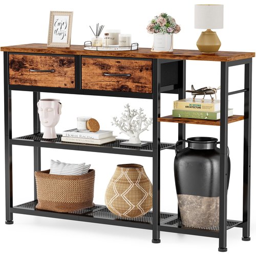 Furnulem 44'' Entryway Table, Industrial Console Sofa Table with Metal Mesh Storage Shelves, Shoe Rack Display Shelf for Front Door, Couch, Kitchen, Fabric Drawers, Rustic Brown