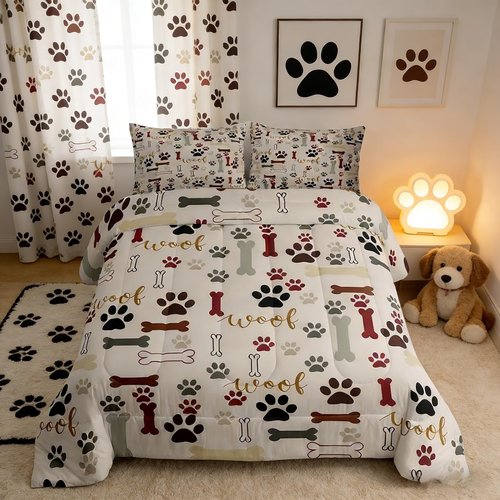Homewish Dog Paw Print Comforter Set Twin Size,Bone Pattern Bedding Set 2pcs for Kids Teens Girls Boys Room Decor,Pet Animal Quilt Set Cartoon Duvet Insert with 1 Pillowcase