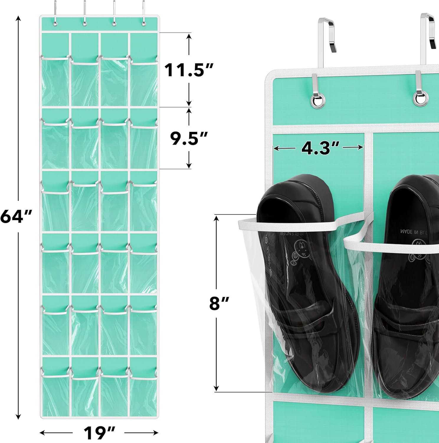 Simple Houseware 24-Pocket Over The Door Shoe Organizer - Crystal Clear, Turquoise (64'' x 19'')