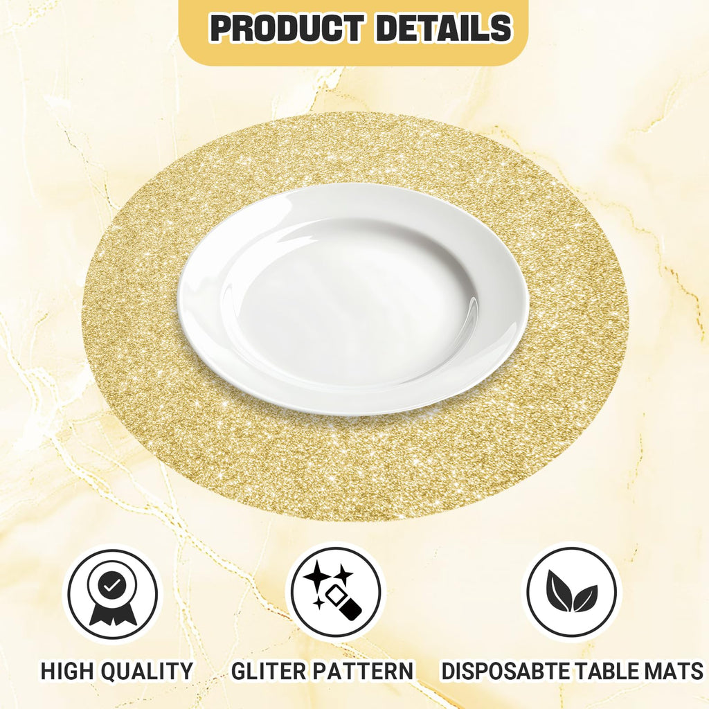 SMUAENSS 100 PCS Rose Gold Paper Placemats Disposable, 13.5" Round Disposable Table Mats, Rose Golden Shiny Table Mats for Birthday Wedding Holiday Party Home Dining Tableware