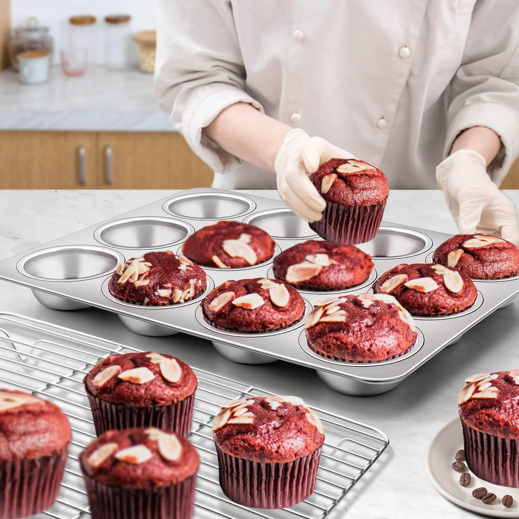 Homikit 2 Pack Muffin Pan, Stainless Steel Cupcake Tin with 12 Cups Regular Size, 13.8" x 10.4" Nonstick Metal Egg Bites Tray for Oven Baking, Non Toxic & Rust Free, Easy Release & Dishwasher Safe