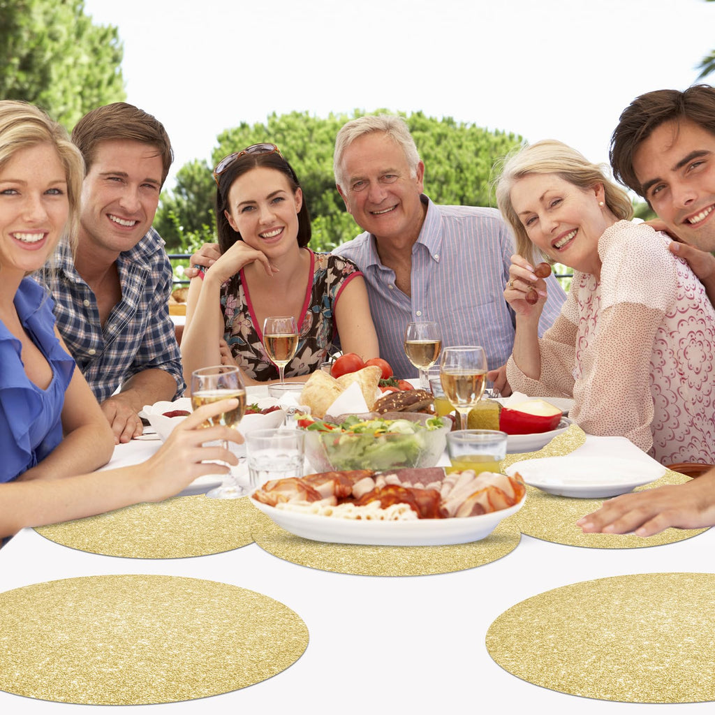 SMUAENSS 100 PCS Rose Gold Paper Placemats Disposable, 13.5" Round Disposable Table Mats, Rose Golden Shiny Table Mats for Birthday Wedding Holiday Party Home Dining Tableware