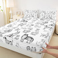 Cartoon Dog Fitted Sheet Queen Size Black White Dog Puppy Sketch Bedding Set 3Pcs for Kids Girls Boys Adult Room Decor Cute Pet Animals Bed Sheet Soft Lightweight Deep Pocket Sheet,2 Pillowcase