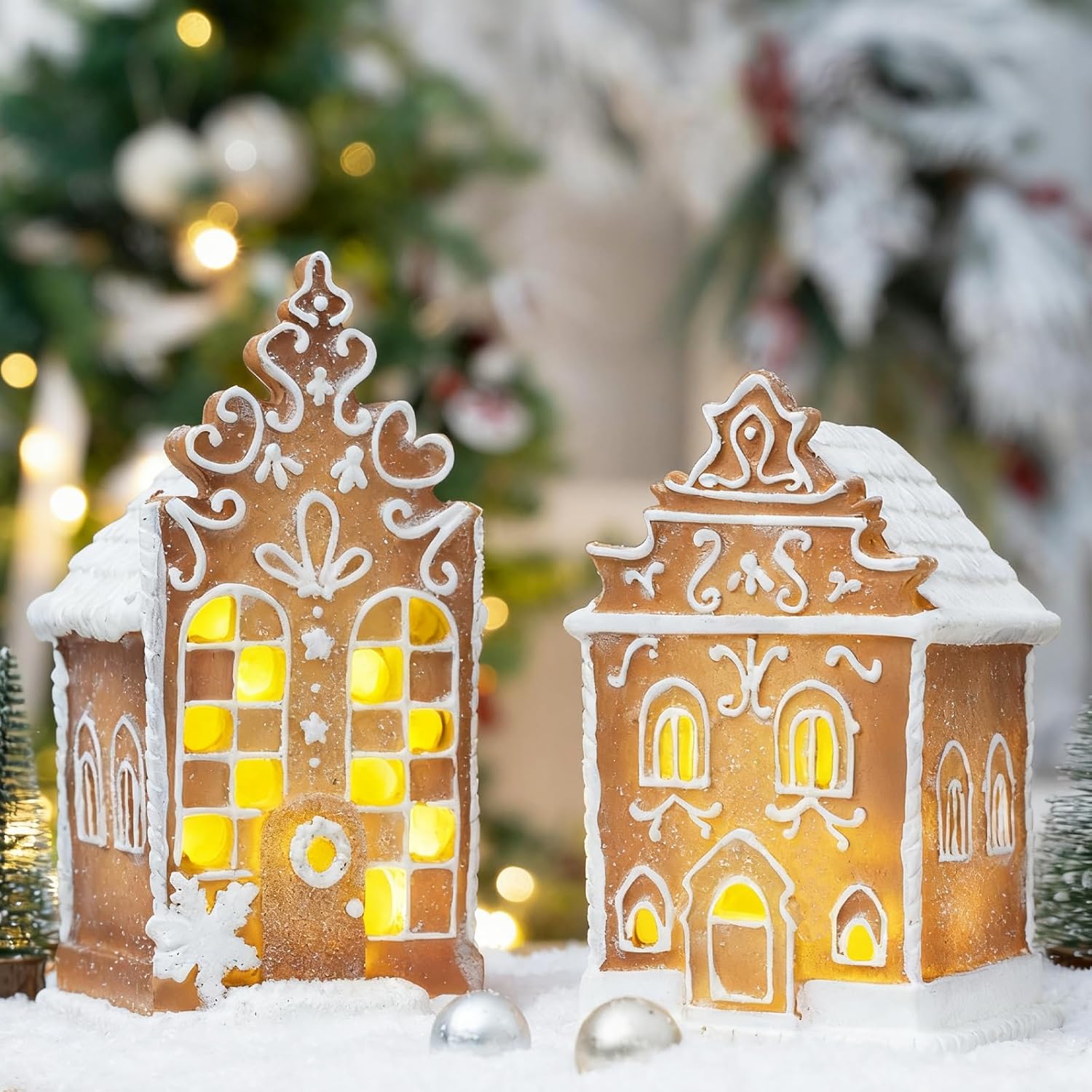 Skiennix Christmas Gingerbread Village House Figurines - Pre-Lit LED Table Decor | 2-Piece Set