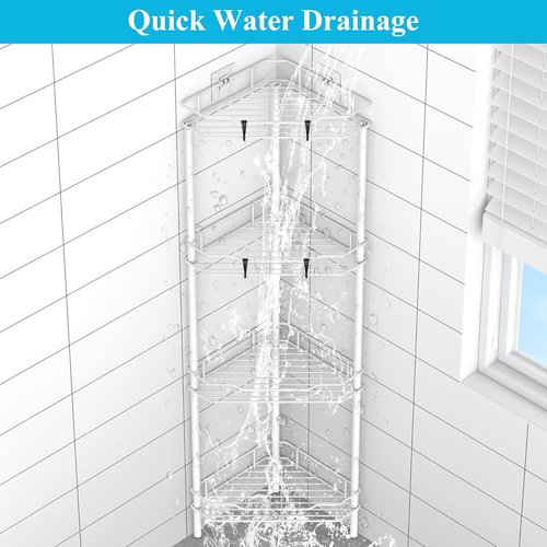 HuggieGems Corner Shower Caddy Organizer - 4 Tier Floor Standing Shelf with Hooks | White Bathroom Storage