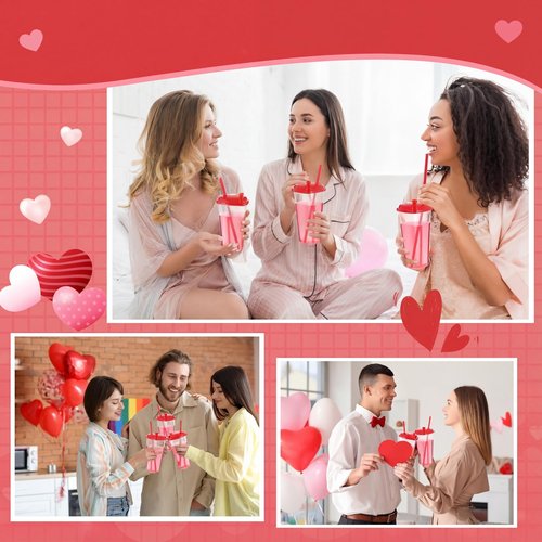 Potchen 160 Sets Heart Shaped Plastic Cups with Straws 16 oz Disposable Cups with Lid and Straws for Valentines Birthday Wedding Anniversary Party Supplies (Red)