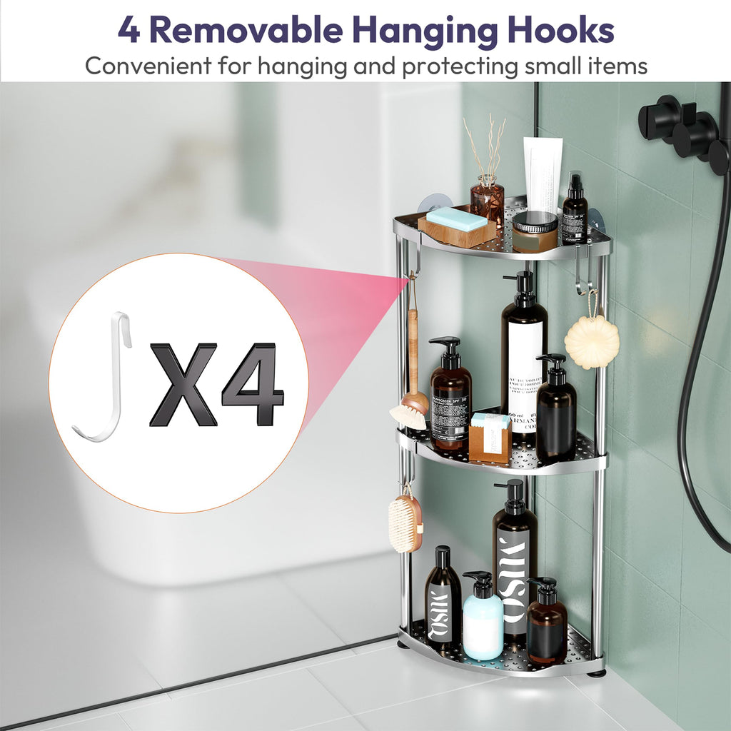 SWTYMIKI Corner Shower Caddy Standing - 3 Tier Stainless Steel Shower Organizer Stand, Large Capacity Floor Shelf with 4 Hooks, Rustproof Bathroom Storage Rack,Silver