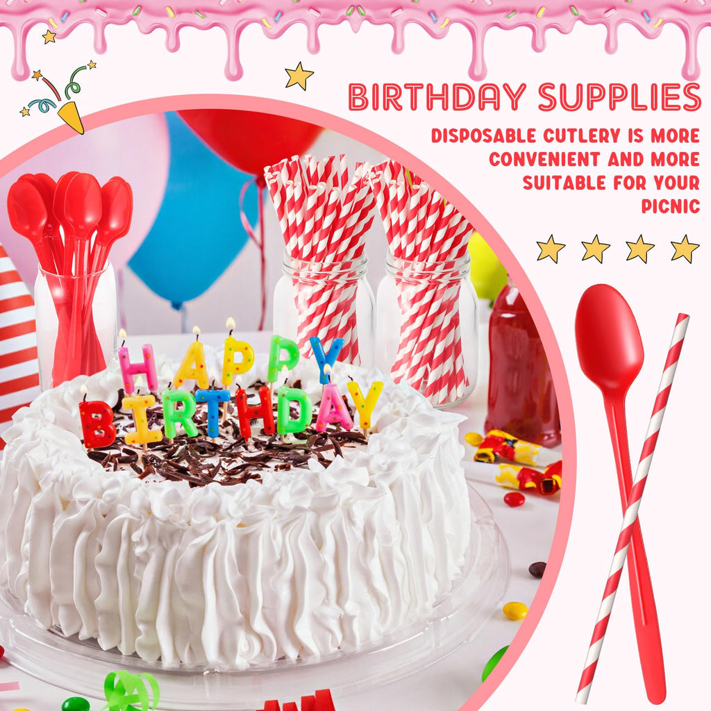 Potchen 100 Sets/200 Pcs 8.27 Inch Sundae Spoons and Red Paper Straws Heavy Duty Plastic Utensils Party Supply for Ice Cream,Milkshakes,Stirring Cocktails and Tall Ice Beverages