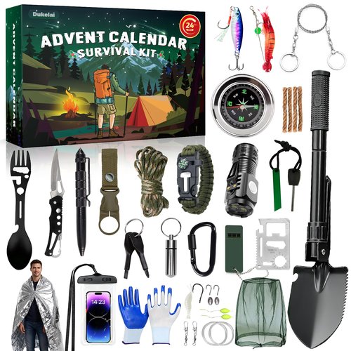 Survival Kit Advent Calendar 2025, 24 Days Christmas Countdown for Camping Fishing Hiking Adventures Xmas Holiday Surprise for Outdoor Enthusiasts Adult Men Teen Boys