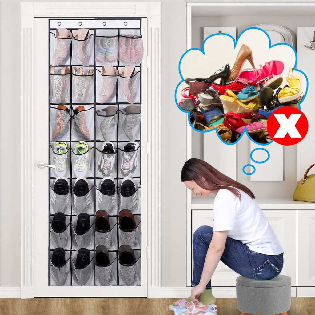 Over The Door Shoe Organizer - 28 Large Mesh Pockets for Space-Saving Storage | White