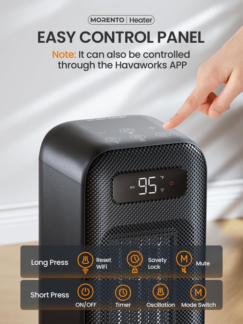 MORENTO Space Heaters for Indoor Use, Electric Portable Heater for Bedroom with Thermostat, WiFi Voice Control, 36dB Quiet 4 Modes 12H Timer, 1500W PTC Ceramic Heater for Office Home 1Pack Black