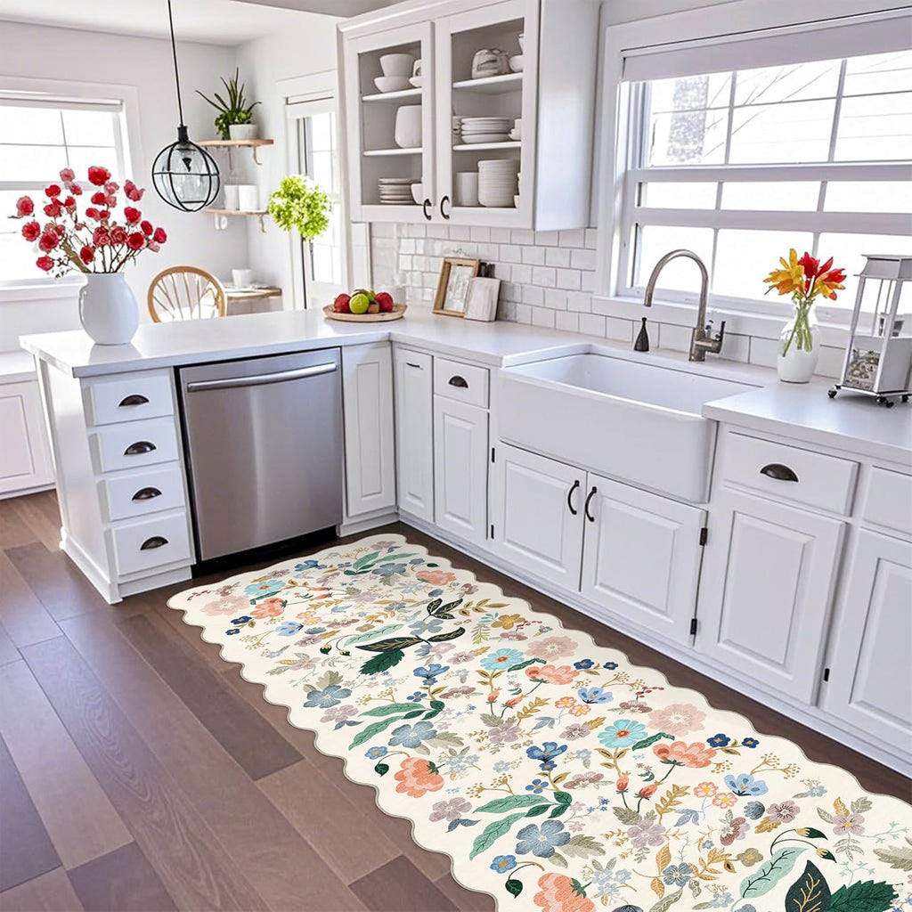 Skiennix 3x10 Washable Hallway Runner Rug - Soft Floral Non-Slip Carpet for Kitchen & Entryway | Cream
