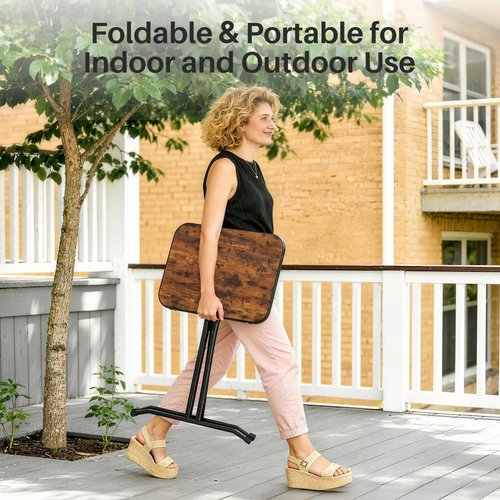 Kitstorack Set of 2 No-Assembly Folding Table, TV Trays with Rounded Metal Edges, Extra Tall and Large Snack Sofa Side End Table for Eating on Couch or Bed, Portable Dinner and Laptop Table, Brown