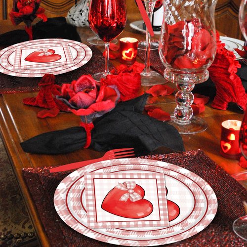 96 PCS Valentine’s Day Plates and Napkins Sets Valentine Party Dinnerware Red Heart Paper-Plates Valentines Decorations for Party,Serve 24 Guests
