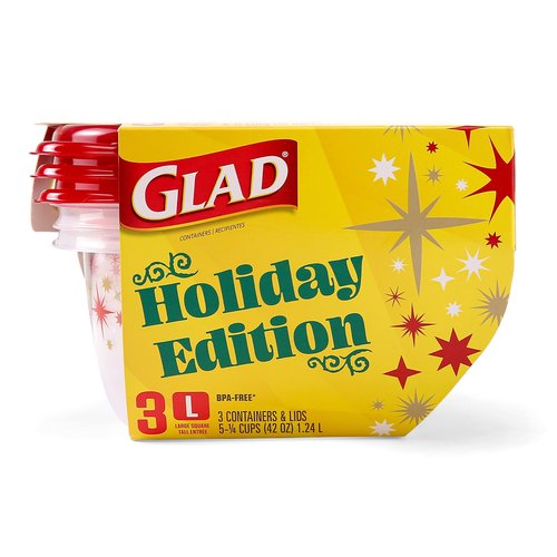 Glad GladWare Tall Entree Holiday Edition Food Storage Containers with Red Star Lids, Large Square BPA Free for Holiday Cookies and Leftovers, Microwave Freezer Dishwasher Safe, 42 Oz, 3 Count