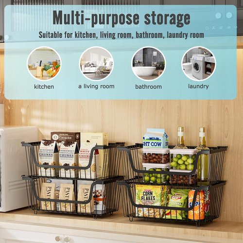 GAOKASE Stackable Wire Baskets - Kitchen Pantry Organizers for Fruits & Vegetables | Black, 4 Pcs