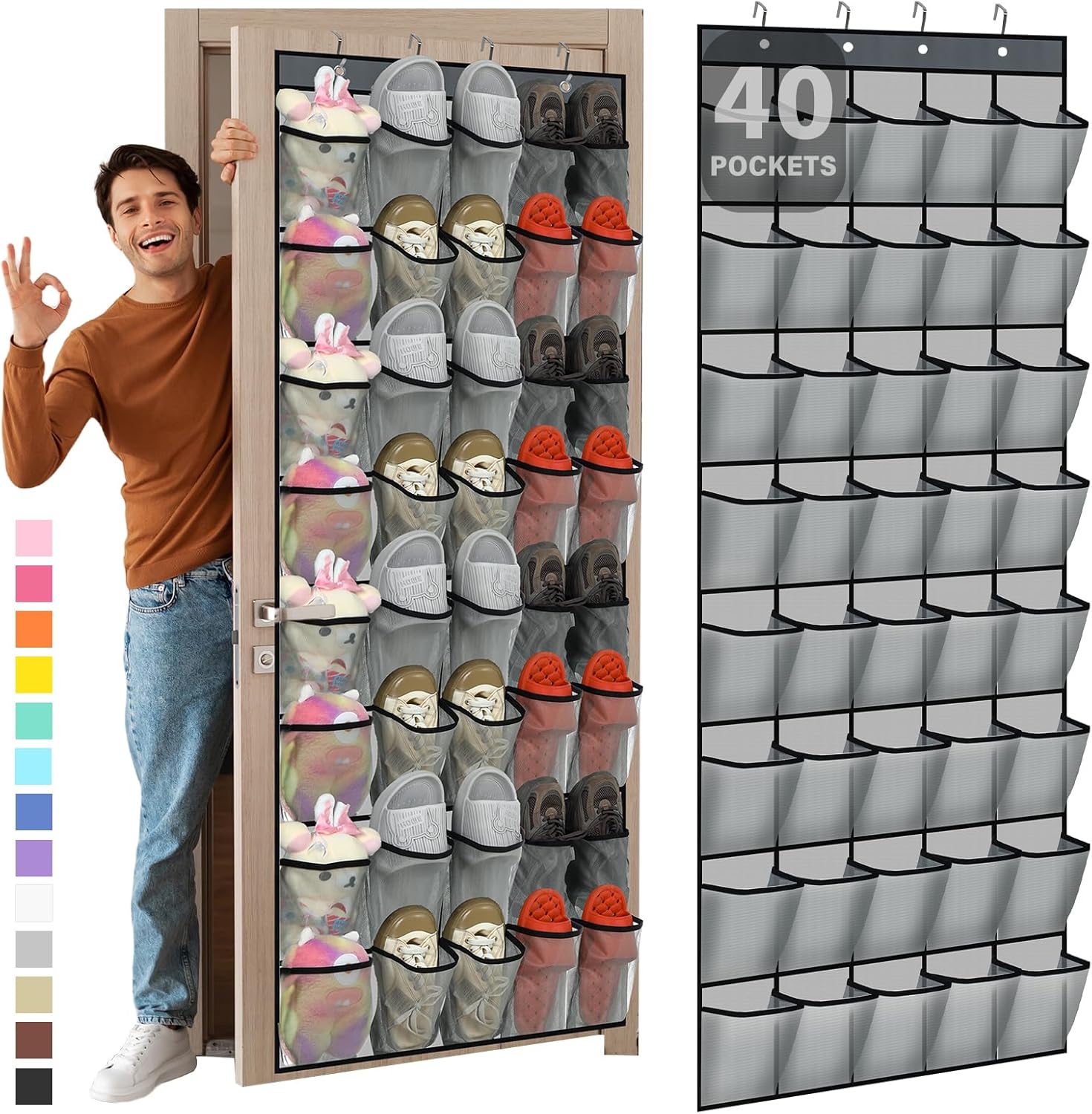Windyun Over The Door Shoe Organizer - Large Capacity Gray Hanging Rack for Dorm, Closet & Entryway