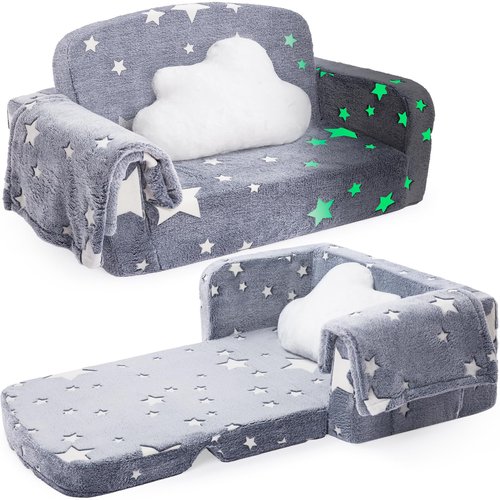Foryoomi Extra Wide Kids Couch, 2-in-1 Soft Couch with Blanket, Glow in The Dark, Comfy Chair with Cloud Pillow, Convertible Sofa, Star