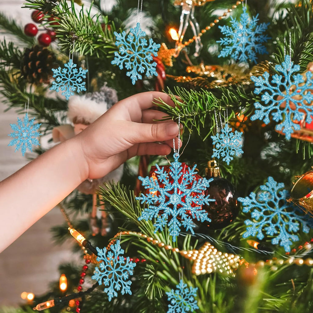 Skiennix 36-Pack Blue Snowflake Ornaments - Glittery Plastic Decorations for Indoor Winter Wonderland