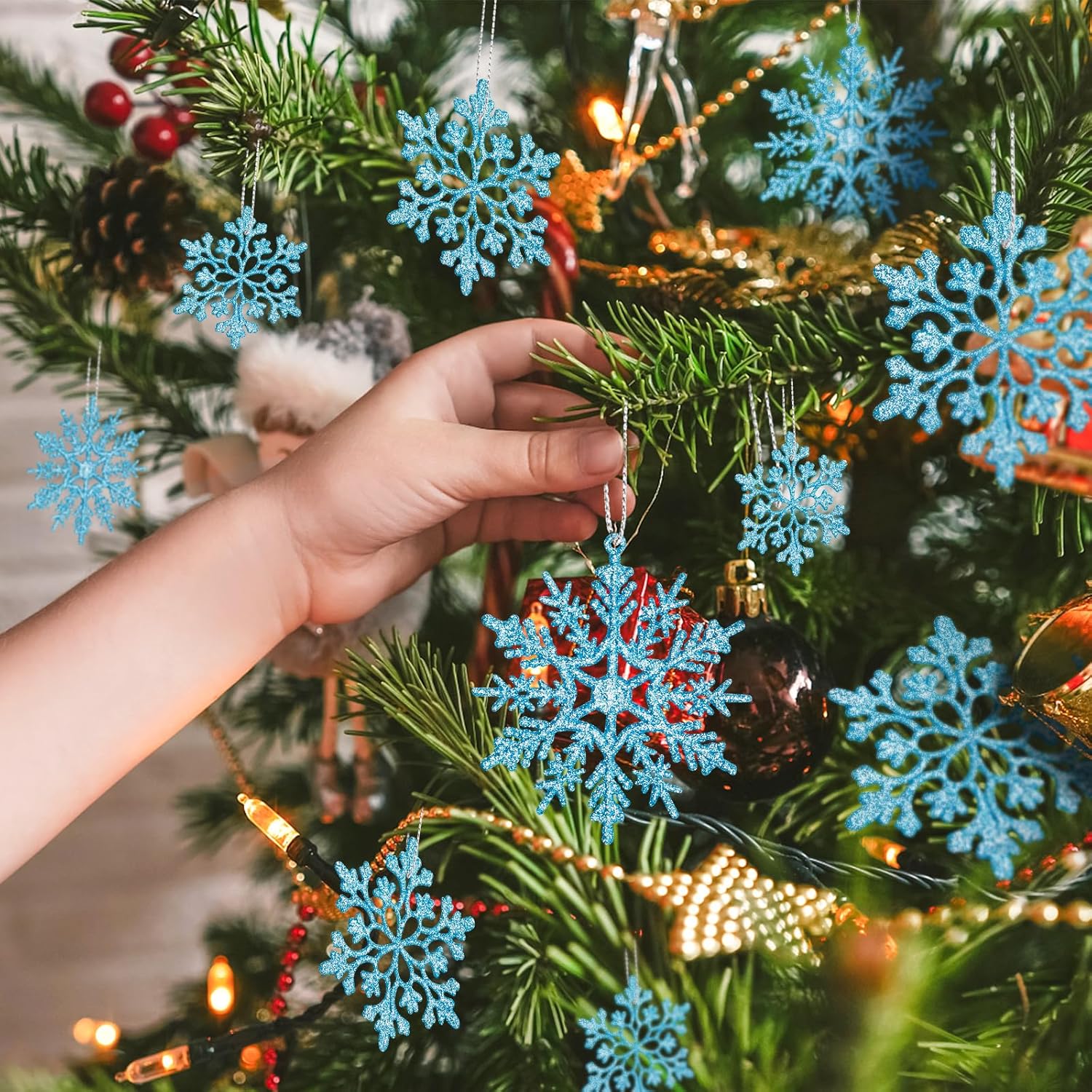 Skiennix 36-Pack Blue Snowflake Ornaments - Glittery Plastic Decorations for Indoor Winter Wonderland