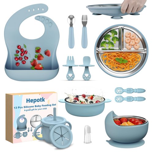 13 Pack Silicone Baby Feeding Set, BPA-Free Stainless Steel Toddler Feeding Supplies, Include Suction Plates, Baby Bowls, Silicone Fork & Spoon, and More, First Stage Baby Dish Set - 6+ Months