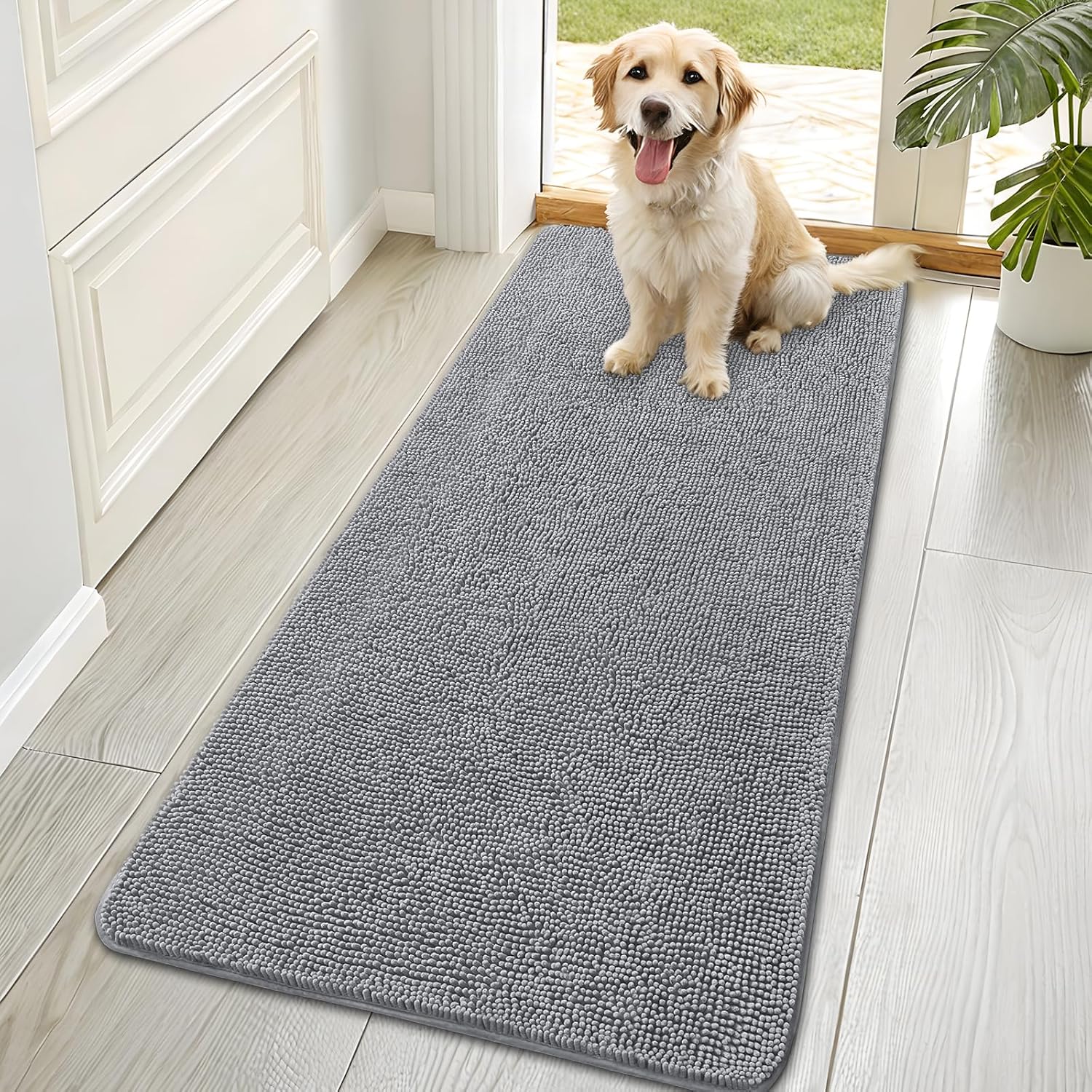 OLANLY Dog Door Mat - Absorbent Non-Slip Mud Mat for Indoor Use | Quick Dry Chenille, 70x35, Grey
