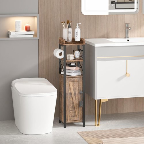 VECELO Small Bathroom Cabinet,Slim Toilet Paper Holder with Door&2 Shelves, Upgraded Narrow Storage Organizer for Restroom Bathroom Tiny Space,Metal Scroll Fenced Top Waterproof Coating,Brown