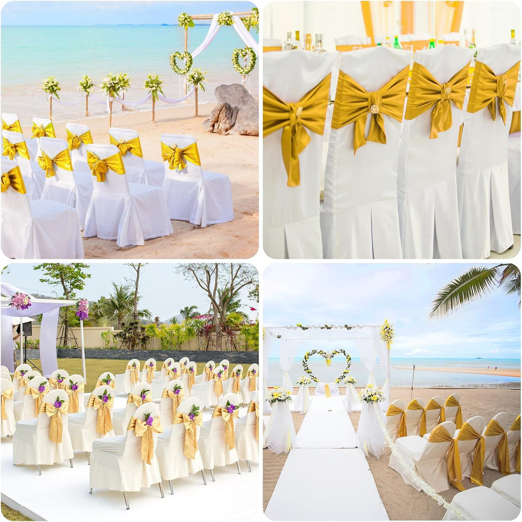 Skiennix Gold Satin Chair Sashes - Elegant Bows for Weddings & Events | 10 PCS, 7x108 Inch