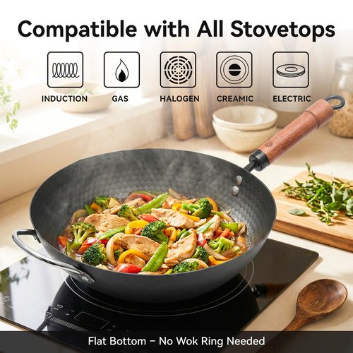 WANGYUANJI Flat Bottom Wok Pan, 12.6 Inch Carbon Steel Stir Fry Pan with Lid, Uncoated Heavy Duty Iron Woks for Cooking, Compatible with Induction Gas Electric Stovetops, Deep Frying Skillet Cookware