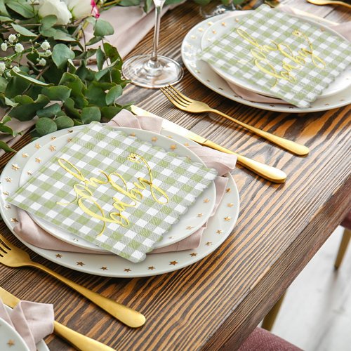 RUSPEPA 50 Pcs Baby Shower Grid Napkin Paper, 3 Ply Disposable Green with Gold Foil "Oh Baby" Text Deisgn Luncheon Cocktail Dinner Paper Napkins for New Born Party, 5 x 5 Inch, Green