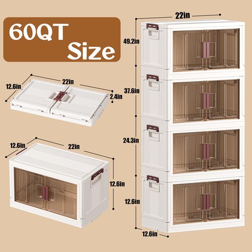 Rimulux 60GAL/240QT 4 tier large stackable storage bins with lid and wheels, collapsible storage bins plastic with doors，suit for clothes, closet, home and office