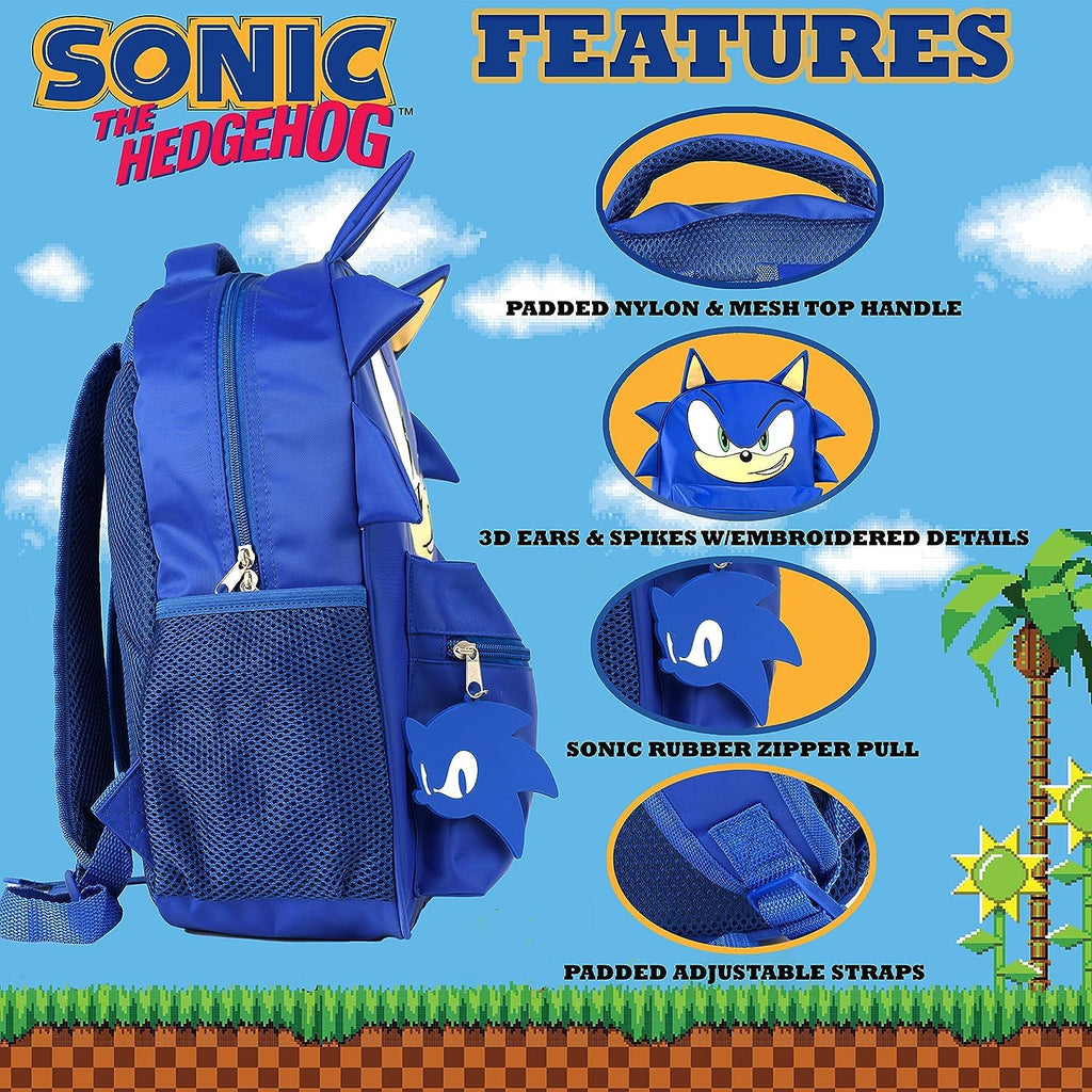 AI ACCESSORY INNOVATIONS Sonic Backpack for Boys & Girls, Bookbag with Adjustable Shoulder Straps & Padded Back,16 Inch Schoolbag with 3D Features, Blue