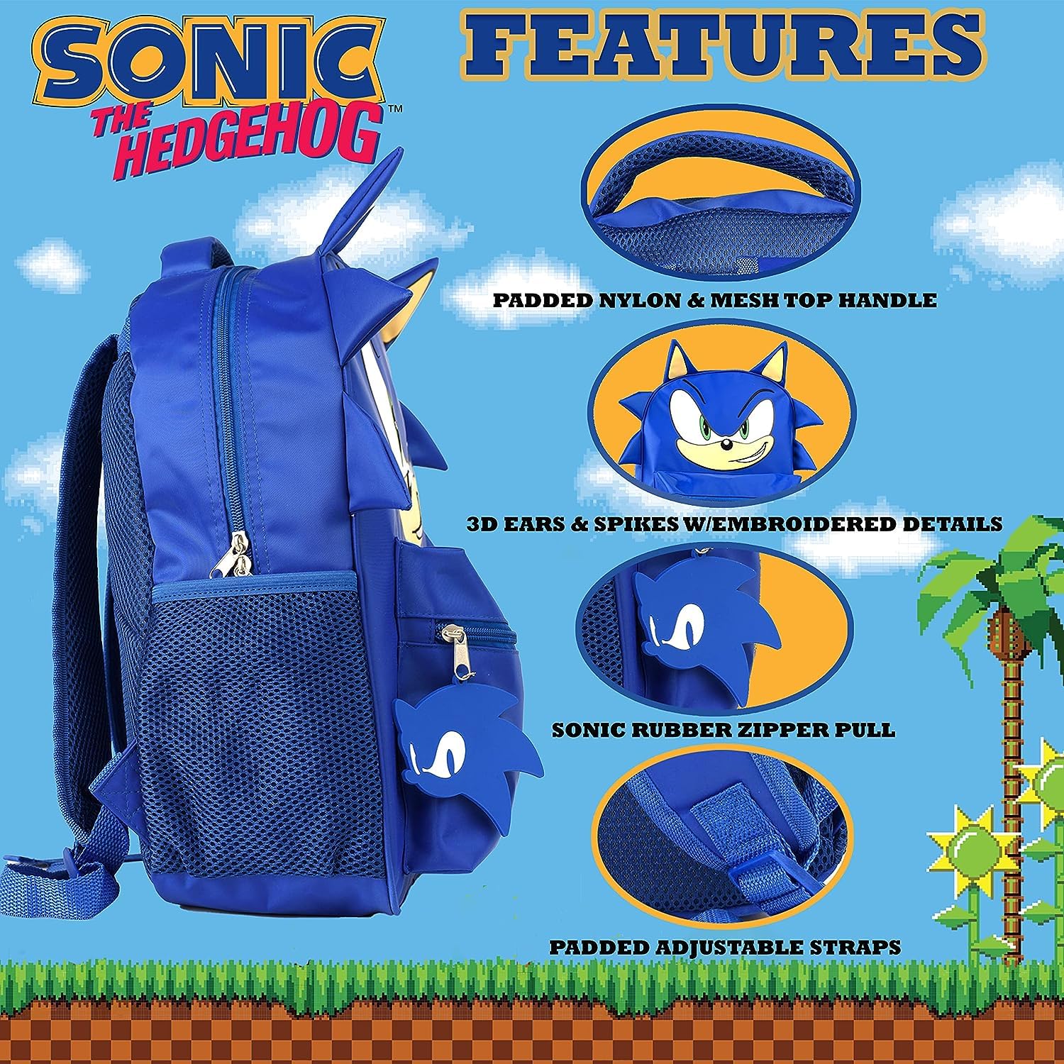 AI ACCESSORY INNOVATIONS Sonic Backpack for Boys & Girls, Bookbag with Adjustable Shoulder Straps & Padded Back,16 Inch Schoolbag with 3D Features, Blue