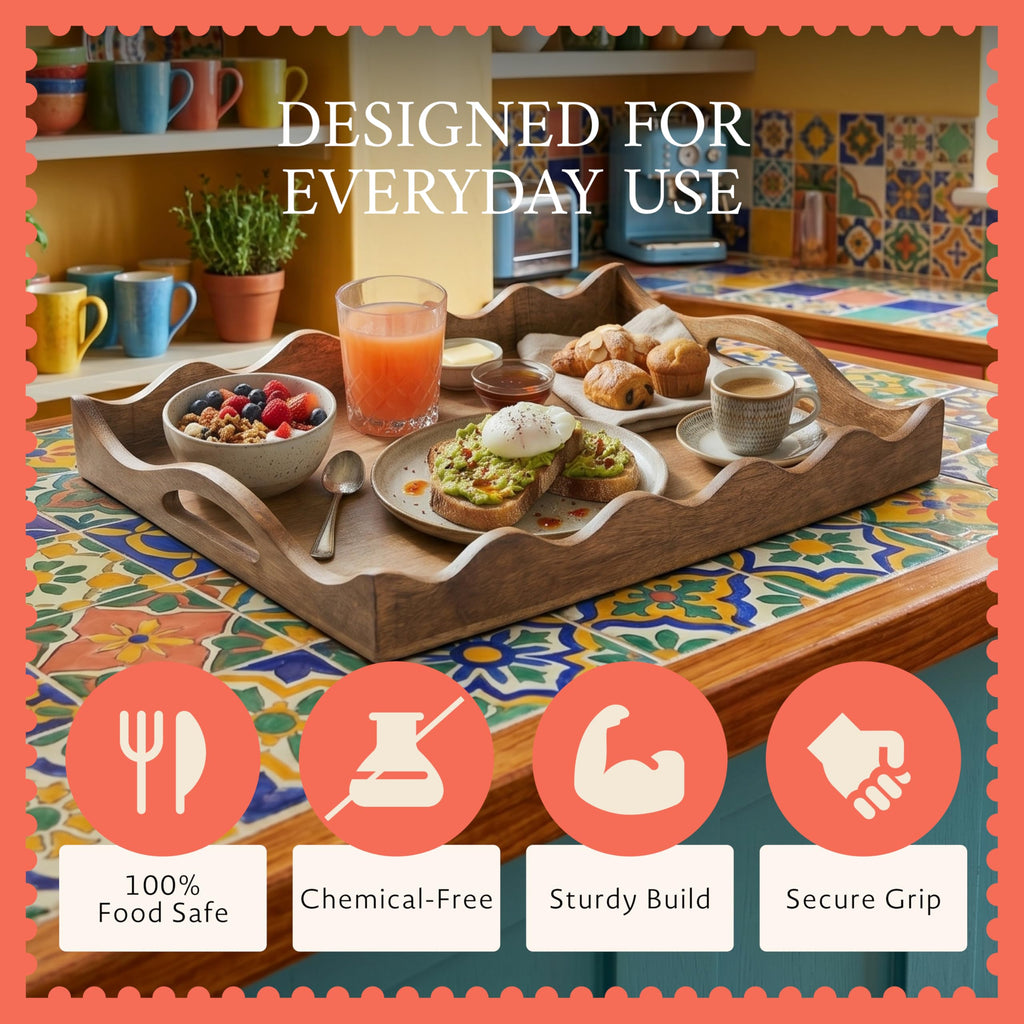 Mela Artisans Wooden Serving Tray with Handles | 12x8x2.5 Mango Wood Decorative Tray | Ottoman Tray | Snacks | Desserts | Breads | Coffee Table | Bedroom | Scalloped Design