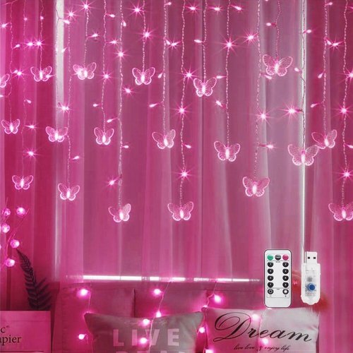 Butterfly Curtain Fairy Lights, 120LED Pink Twinkle String Lights with Romote, 8 Modes USB Powered Christmas Lights for Wedding, Bedroom, Party Decoration