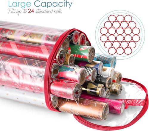 Hearth & Harbor Wrapping Paper Storage Container - Tear-Proof Organizer for 14 Rolls - Clear & Red