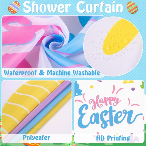 Tieshankao 7Pcs Easter Shower Curtain Bathroom Set - Bunny Non Slip Rugs Toilet Lid Cover Bath Mat Towels Decor with 12 Hooks