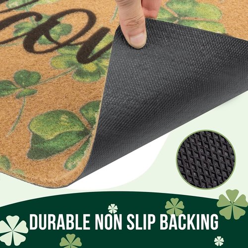 XuoAz St. Patrick's-Day-Clovers-Welcome-Mats Outdoor-Entrance Green-Shamrock-Outdoor-Doormat Non Slip Coir Front Door Mat for Irish Home Decor 17" x 29"